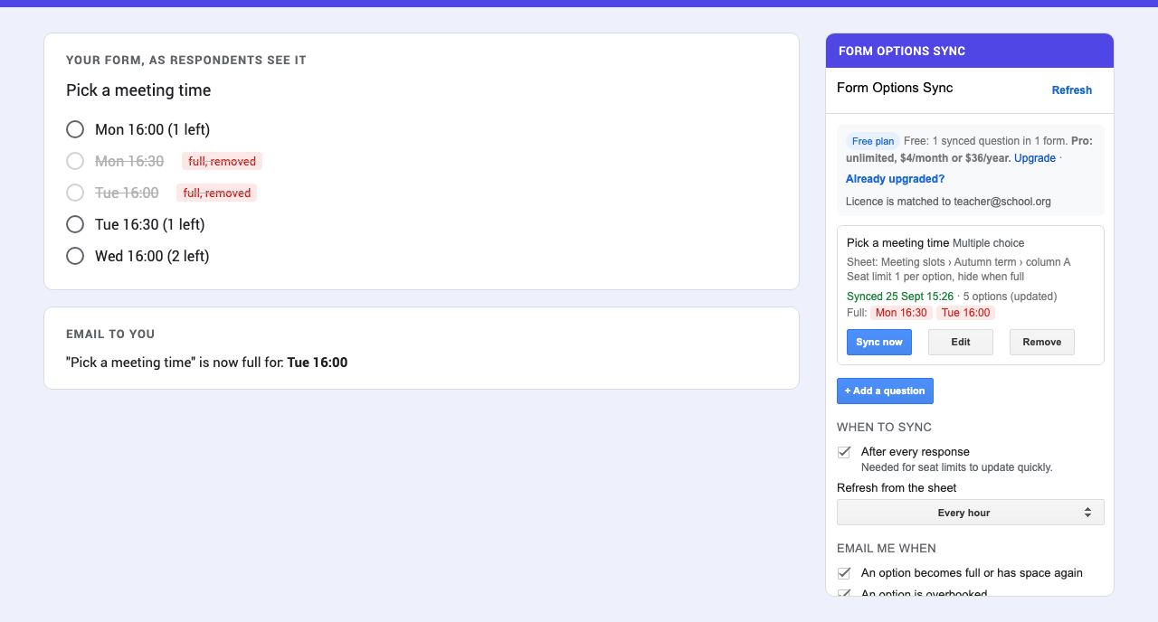 A Google Form where full meeting slots have been removed, next to the Form Options Sync sidebar.