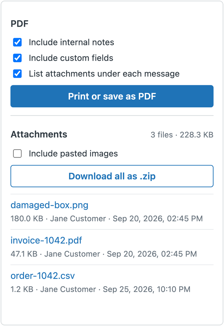 The Ticket PDF & Attachments sidebar: options for the PDF, a Print or save as PDF button, and the ticket's attachments with sizes and a Download all as .zip button.